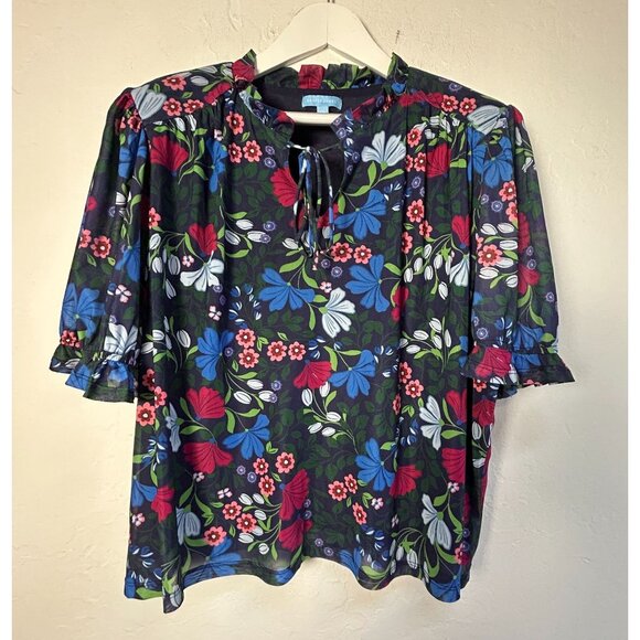 Draper James Womens Floral Elbow Sleeve Tie Neck Ruffled Blouse XXL Multicolor - Picture 1 of 8
